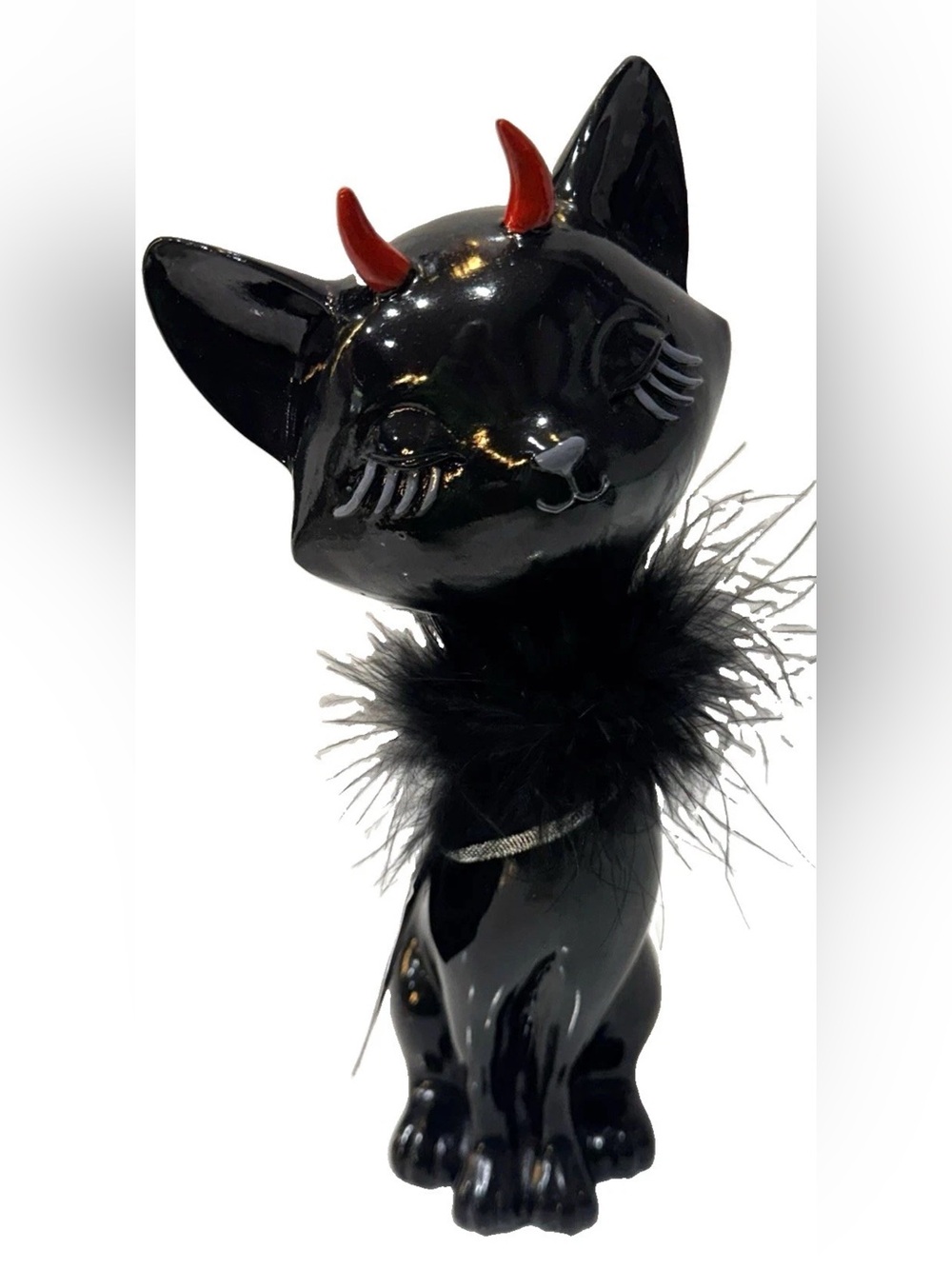 Bella Lux Halloween Black Cat Figurine with Red Horns & Feather Collar NWT